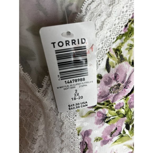 Torrid Size 2X Peplum Chiffon Clip Dot Lace‎ Inset Top White Pink Floral V Neck - Picture 7 of 14